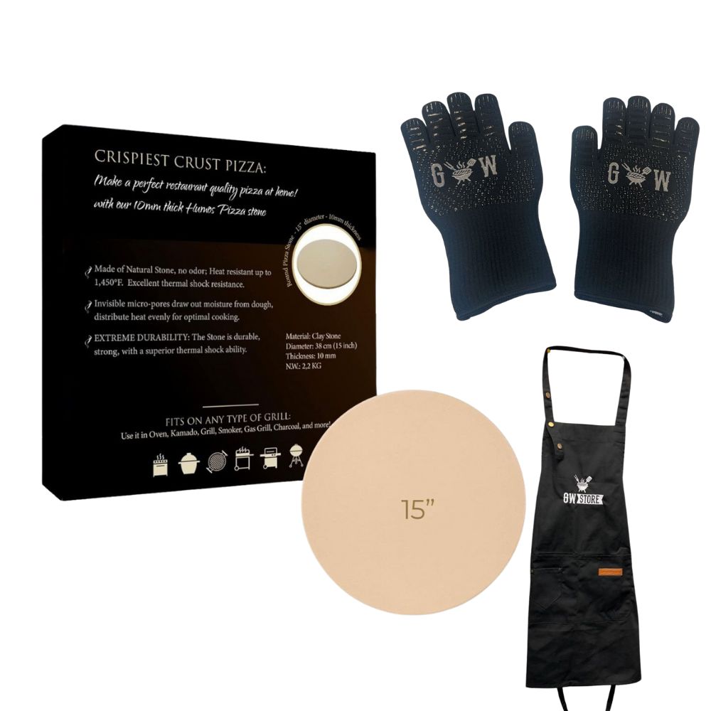 Humos 15-Inch Pizza Stone, GW Apron & BBQ Gloves Bundle